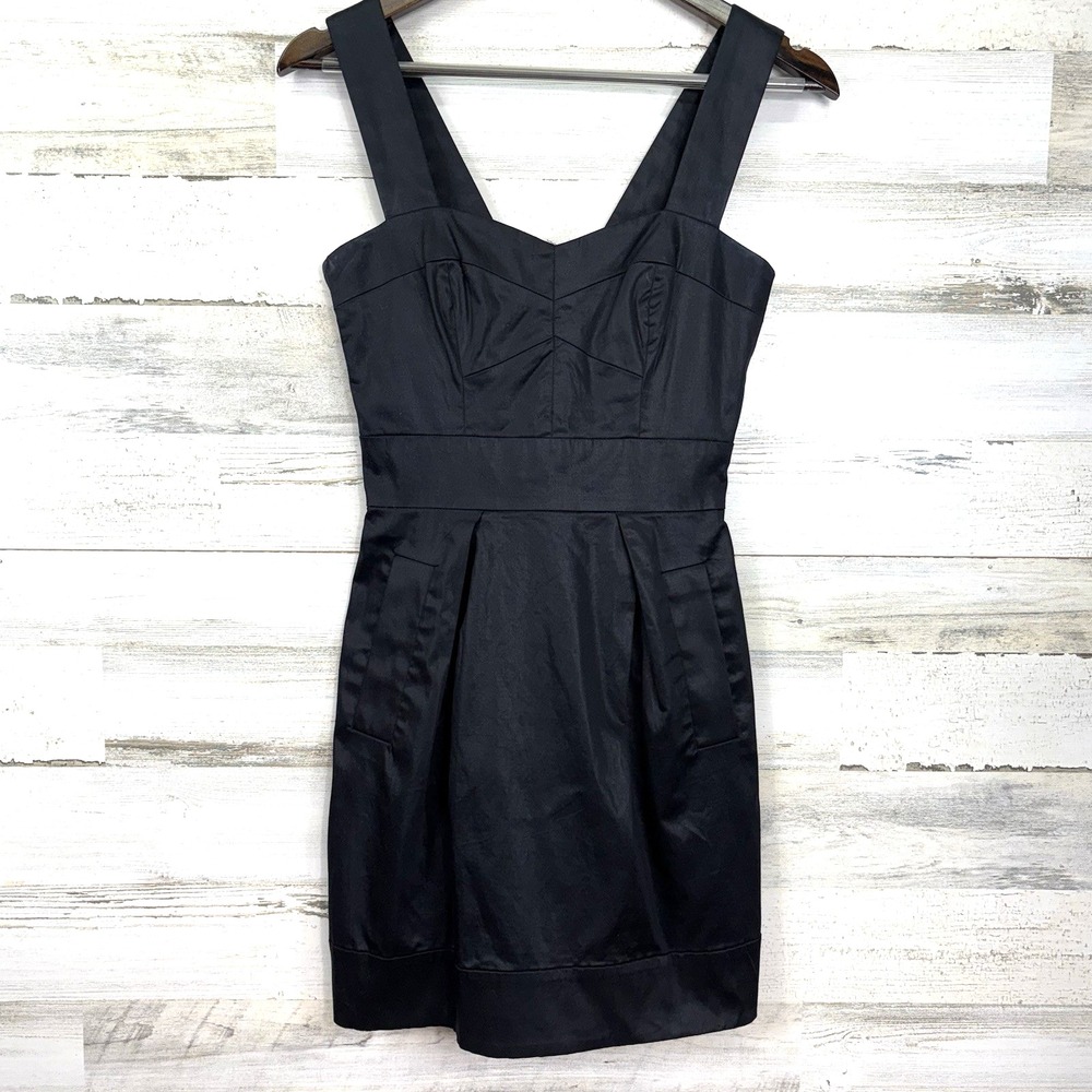 French Connection Black Satin Sweetheart Wide Strap Pockets Mini Dress Size 0